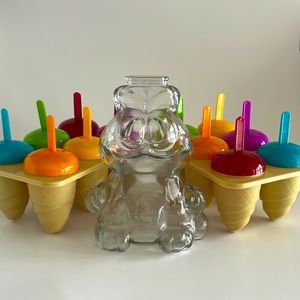 Vtg 1978 Anchor Hocking Garfield Clear Glass  Coin Piggy Bank & Popsicle Makers